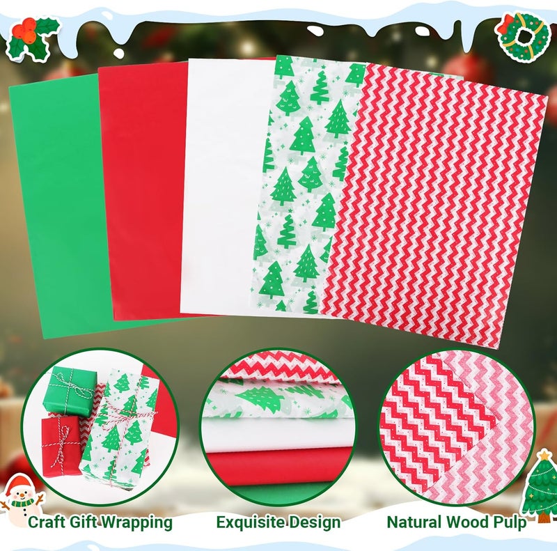 Alotpower 130 Sheets Christmas Tissue Paper, Christmas Gift Wrapping Paper Sheets 19.6 x 13.7 Inch,5 Festive Designs (Red,Green,White,Stripe,Xmas Tree) for Gift Bags, Xmas Presents,DIY Crafts & Party Decoration - Image 3